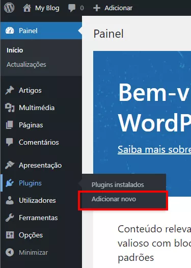 Painel de administrador WordPress plugins > adicionar novo