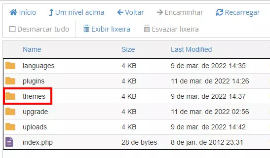 acessando o diretório themes de uma instalação wordpress