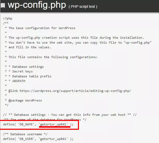 DB_name no arquivo wp-config.php