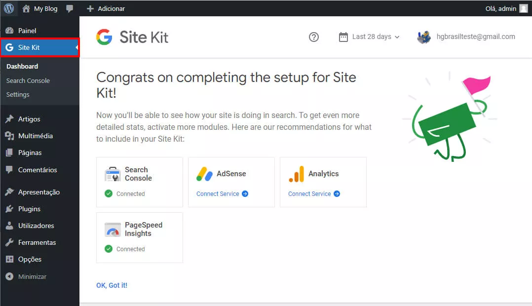 acessando o menu site kit no painel WP-admin