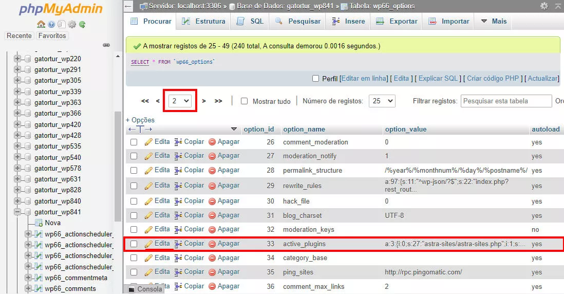 na página 2, acessando a option name active_plugins