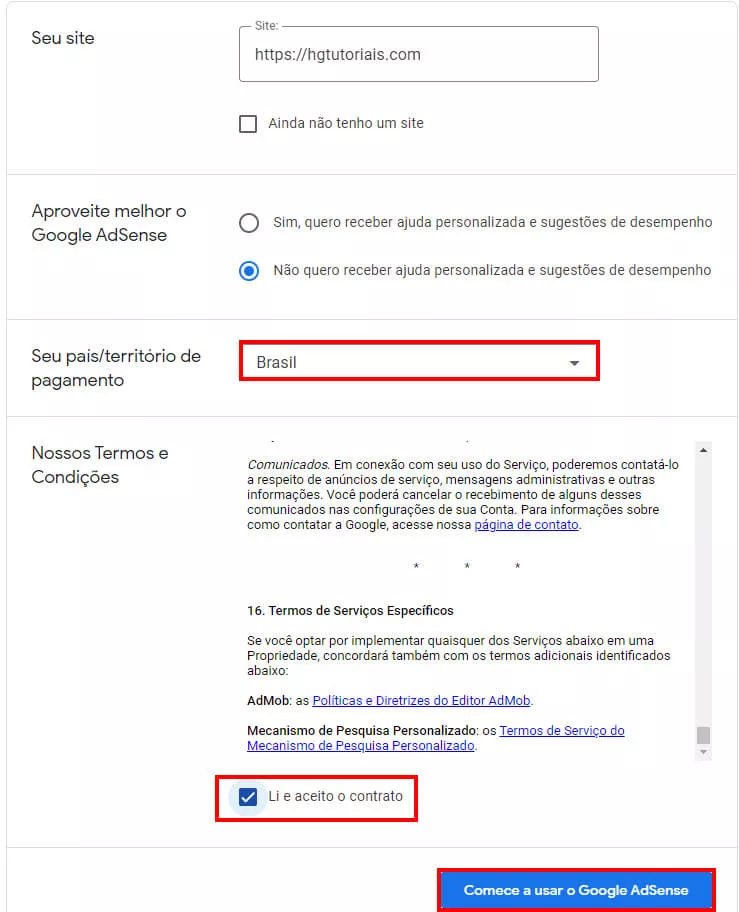 Preenchedo dados dos primeiros passos no Google AdSense