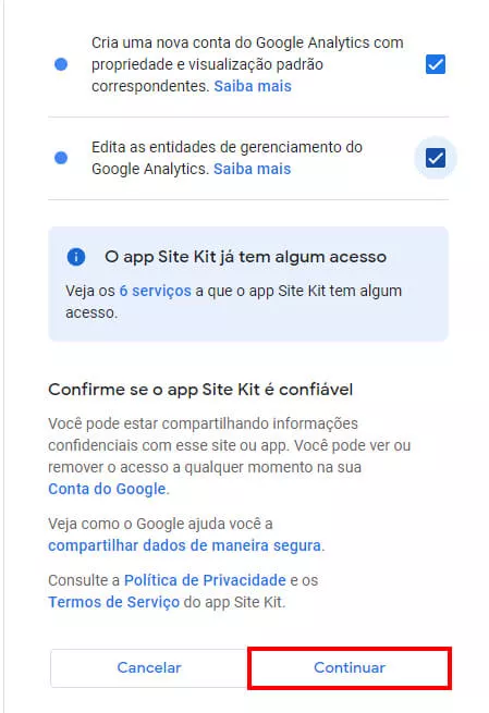 Permitindo os termos e políticas do analytcs (2/3)
