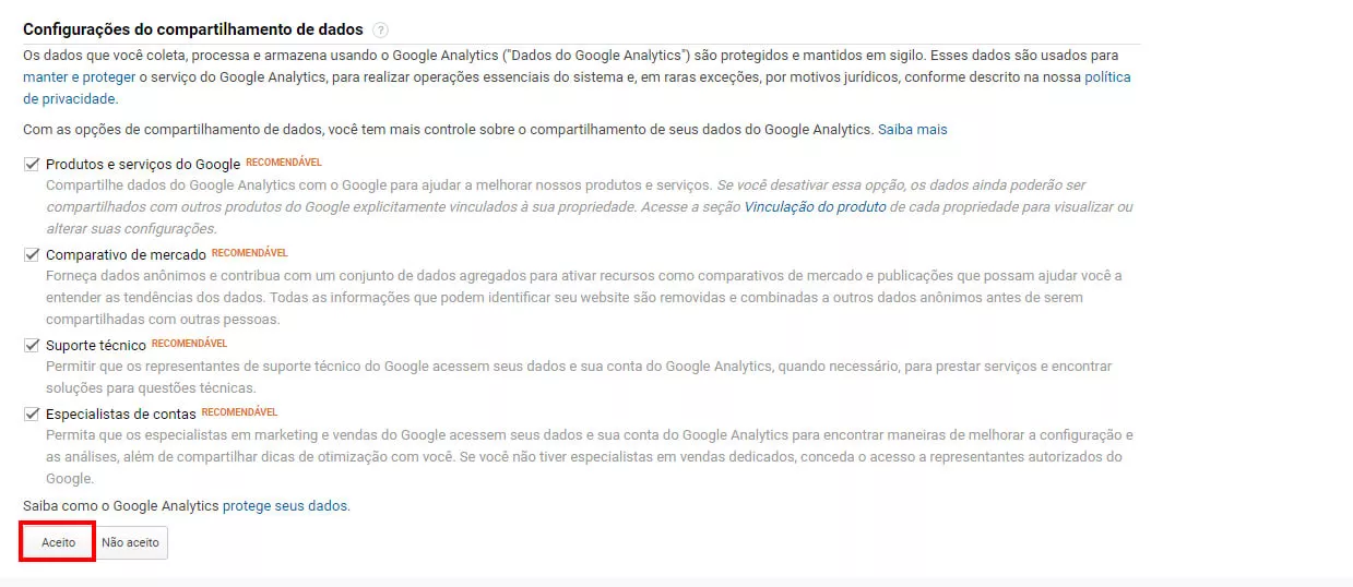 Permitindo os termos e políticas do analytcs (3/3)