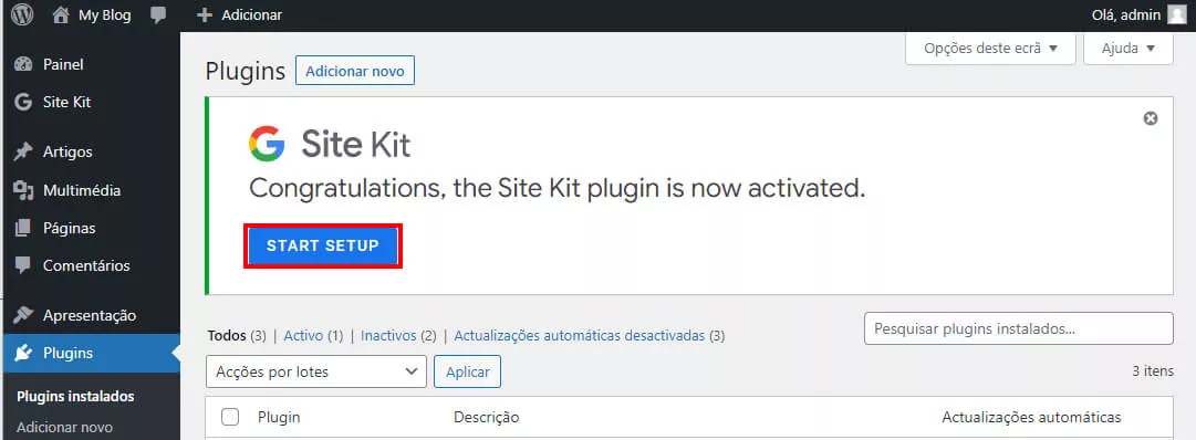 Começando as configurações do plugin Site kit