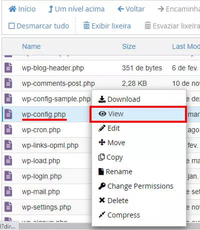 Acessando arquivo wp-config para descobrir o nome do banco de dados do site