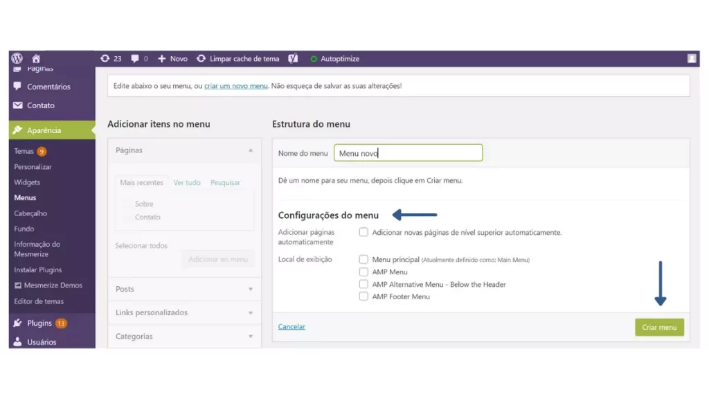 criar menu no wordpress