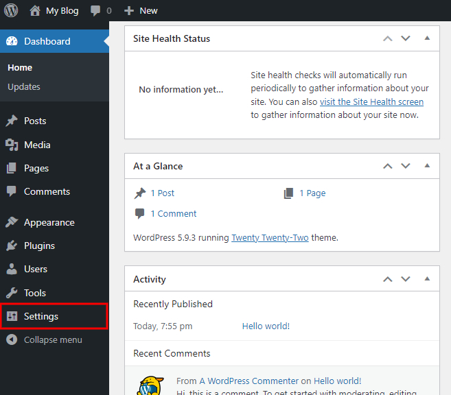 Aba Settinges/configurações WordPress