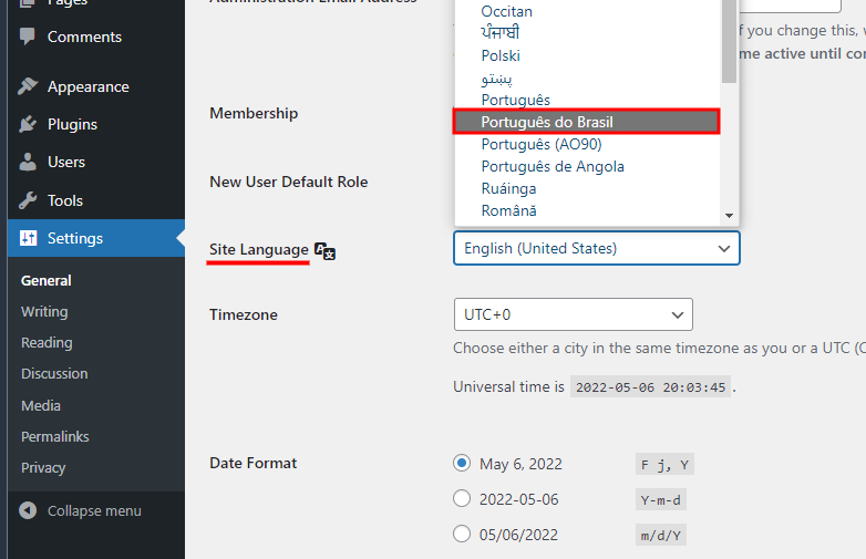 Alterando o idioma para português WordPress