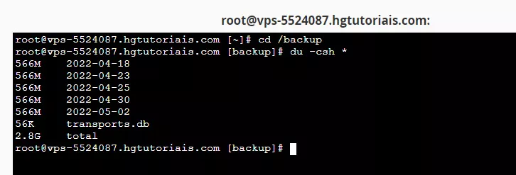 Conferindo o tamanho dos arquivos no diretório /backup