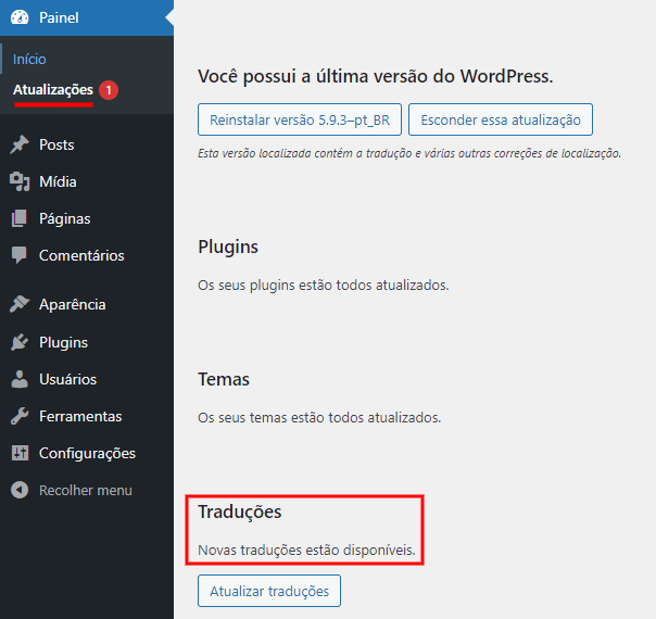 conferindo se há traduções no menu atualizações do WordPress