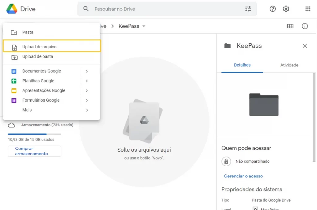 Importando o banco de dados do keepass no google drive