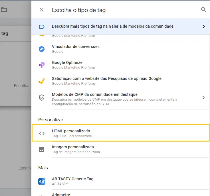 Selecionando a opção HTML personalizado para a tag
