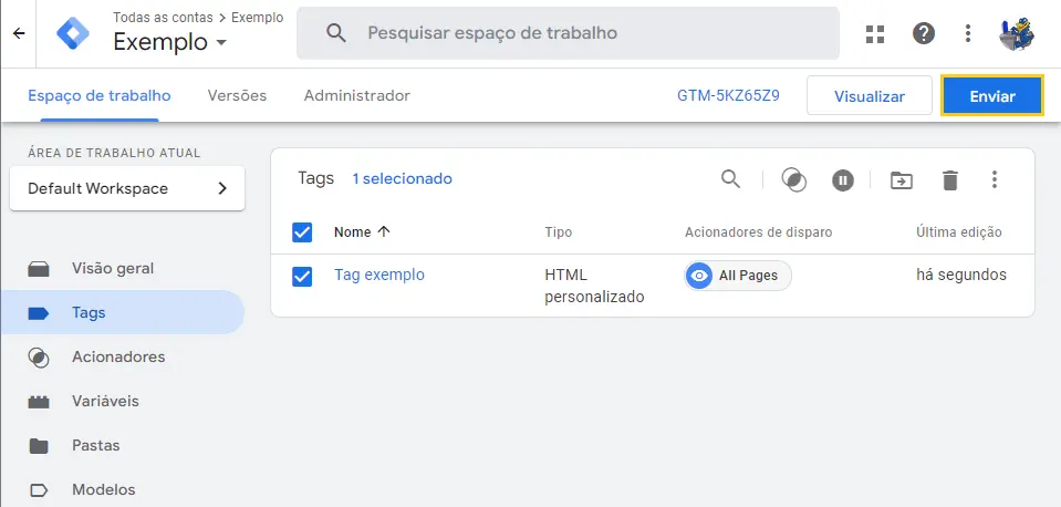 Enviar as alterações do Google Tag Manager para o site WordPress