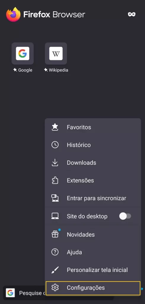 acessando as configurações do firefox