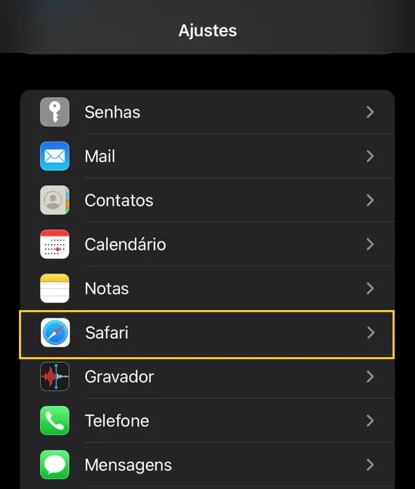 acessando os ajustes do safari