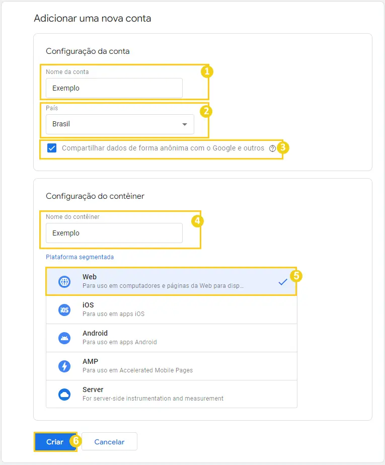 Configurando os dados da conta Google Tag Manager