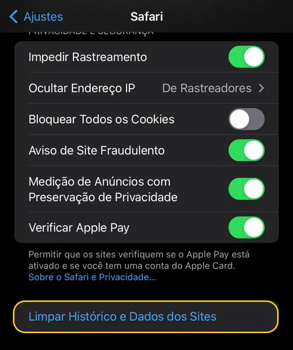 limpando o histórico e dados do safari