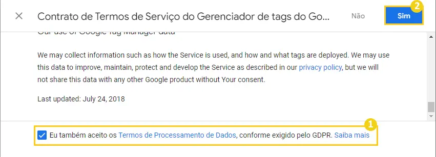 Aceitando os termos de uso da ferramenta Google Tag Manager