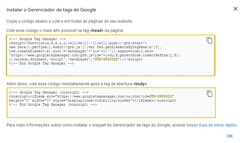 Copiando os códigos de ativação do Google Tag Manager