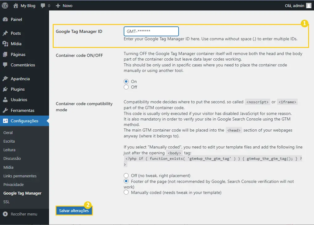 Vinculando o WordPress a conta do Google Tag Manager