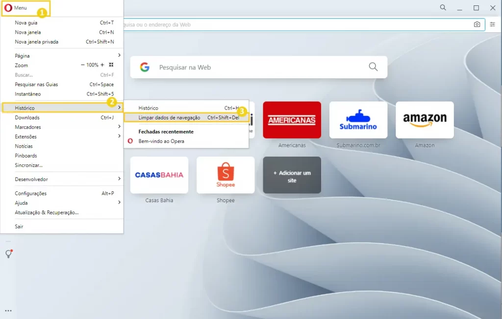 limpar cache do navegador opera