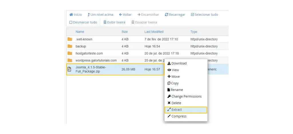 Extraindo o Joomla para  instalar o Joomla manualmente