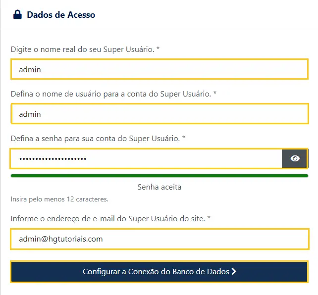 Inserindo os dados de admin do Joomla