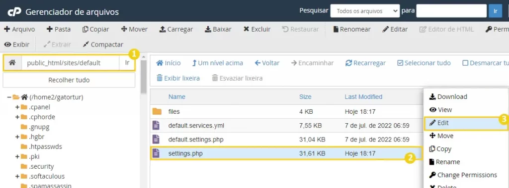 Acessando o arquivo settings.php para identificar o banco de dados e alterar a senha do Drupal