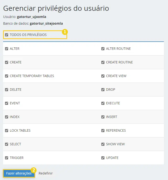 garantindo privilegios ao usuario do banco de dados para  instalar o Joomla manualmente