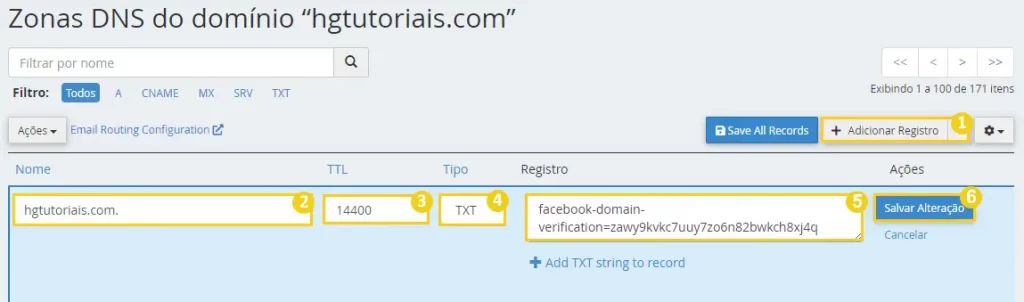 Adicionando código TXT para verificar domínio no Facebook