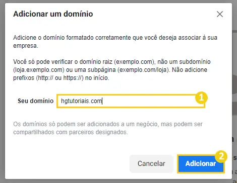 inserindo o domínio no facebook