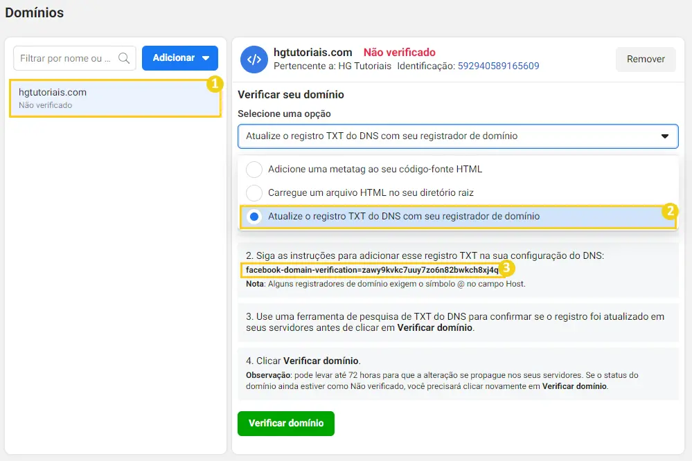 código TXT de DNS para verificar domínio no Facebook