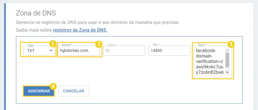 inserindo o codigo TXT para verificar domínio no Facebook