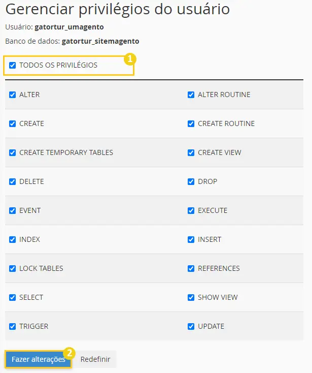 garantindo os privilégios do usuário para instalar o Magento