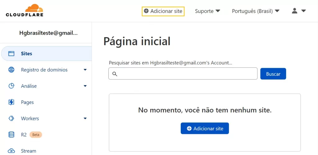 Página inicial da Cloudflare, utilizada para configurar seu site