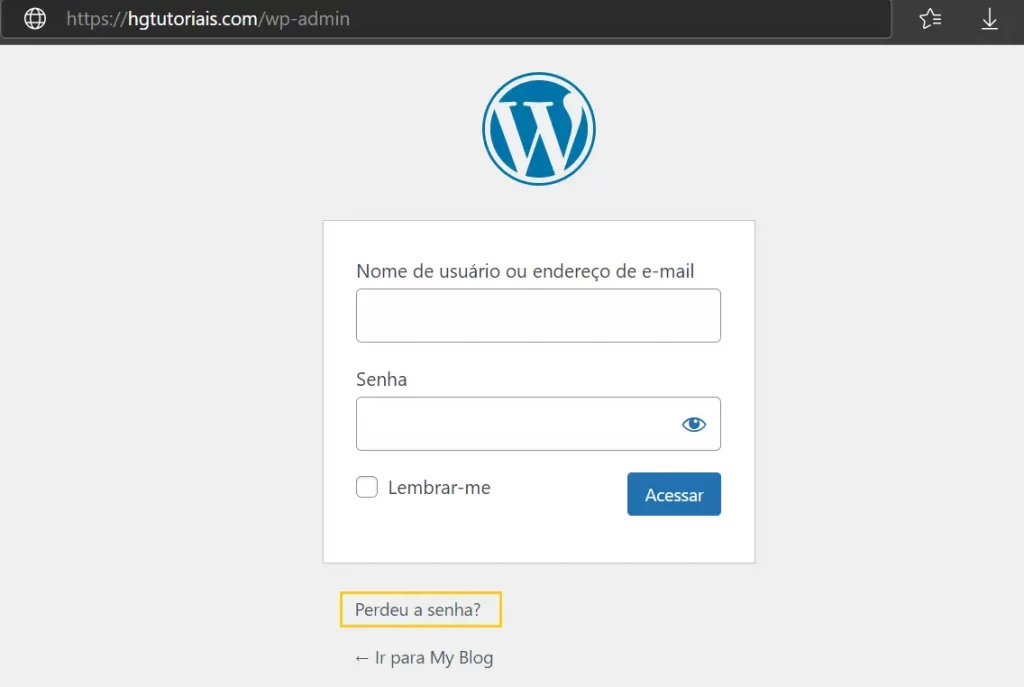 Tela de login do painel de administrador do WordPress