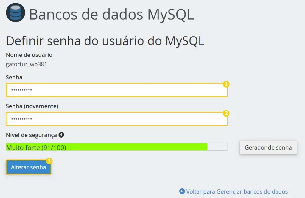 Redefinindo a senha do usuário do banco de dados