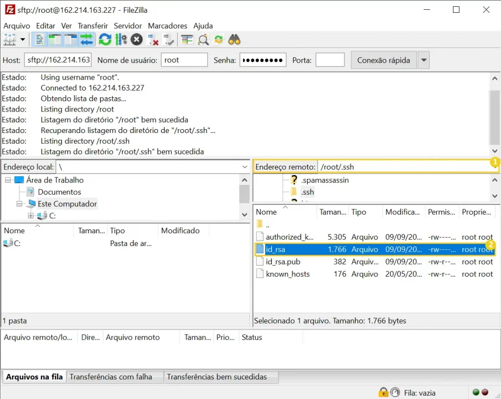 Baixando a chave privada SSH do WHM via SFTP