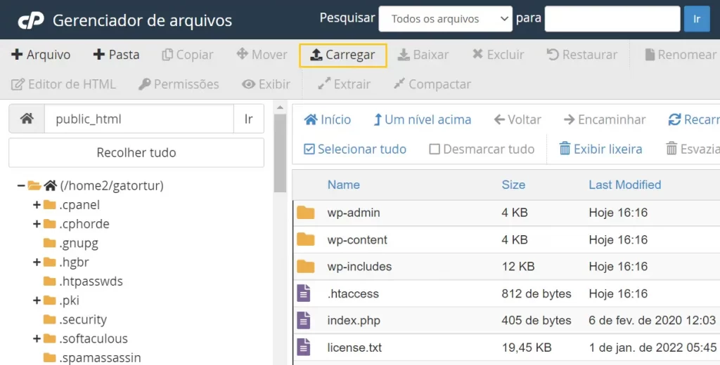 Importar um arquivo no Gerenciador de Arquivos do cPanel