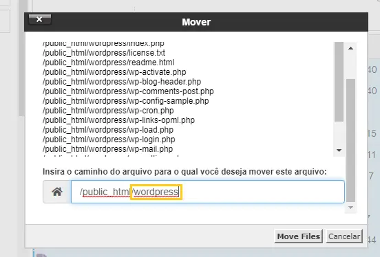 Deletando o termo WordPress para mover o arquivo para o diretório correto