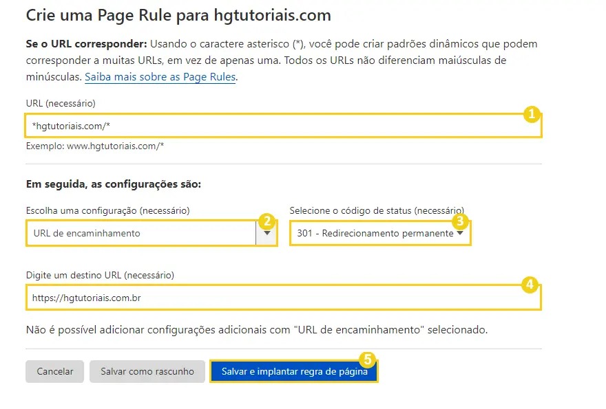 Definindo filtros de regra para o seu redirecionamento de domínio na Cloudflare