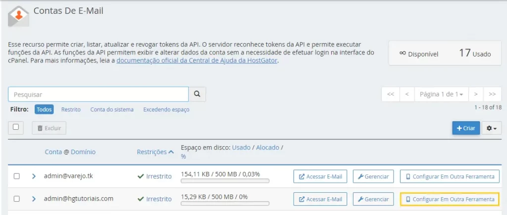 Contas de e-mail no cPanel > Configurar em outra ferramenta