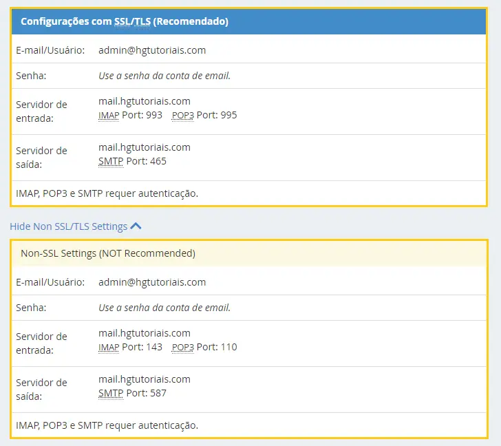 Dados de configuração do Webmail do cPanel