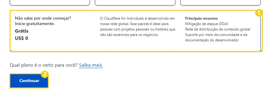 Selecionando o plano gratuito da Cloudflare