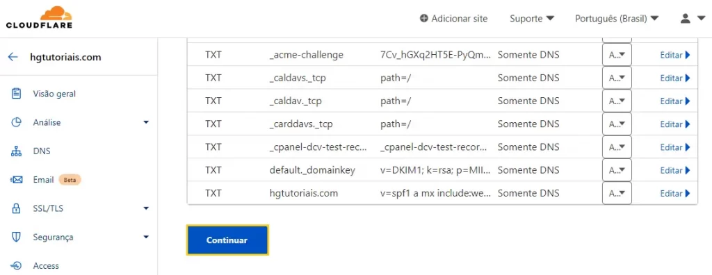 Importando os registros de DNS atuais do domínio para a Cloudflare