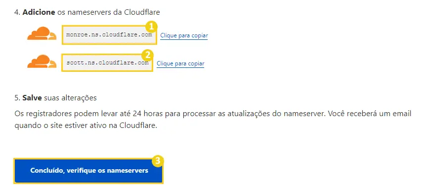 Os Nameservers necessários para configurar seu site na Cloudflare