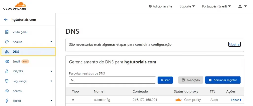 Acessando a aba de DNS para configurar seu site na Cloudflare