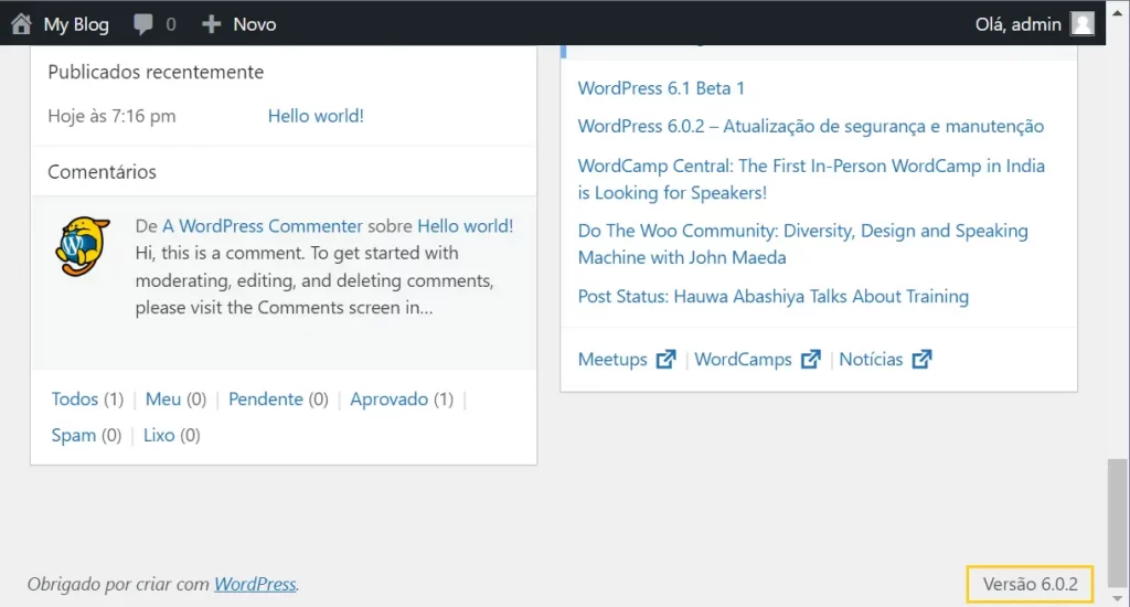 Localizando a versão do WordPress pelo painel de administrador