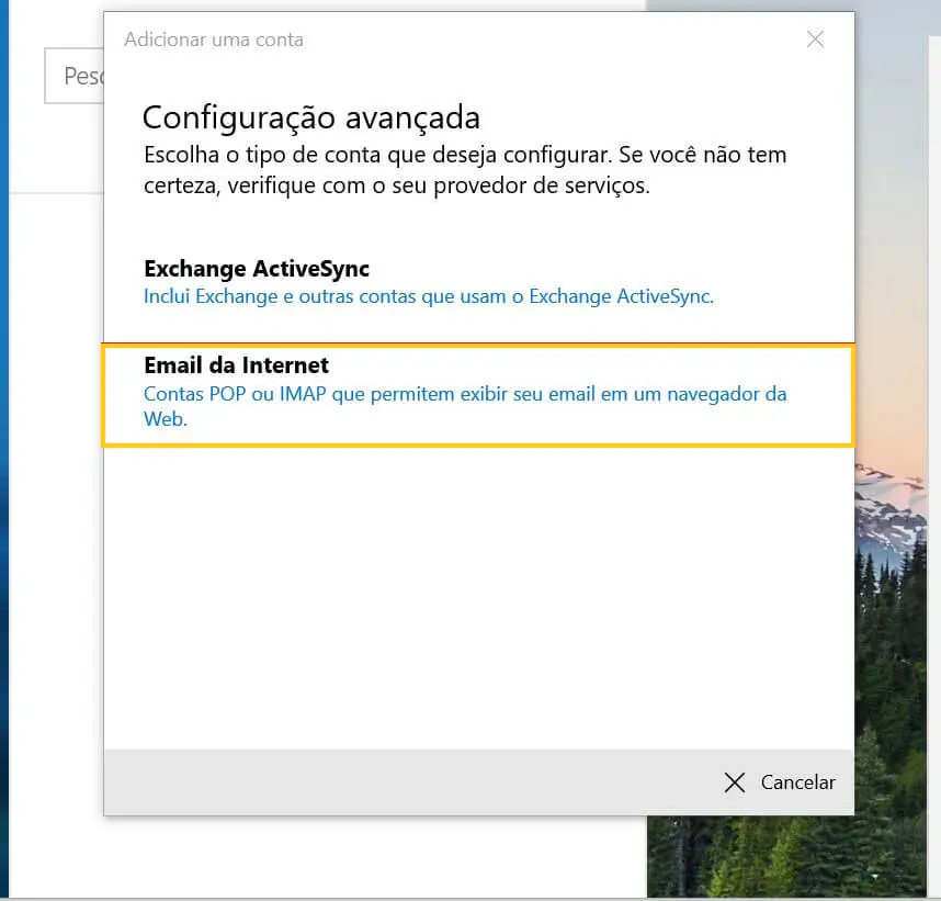 Configurar IMAP POP no Mail Windows